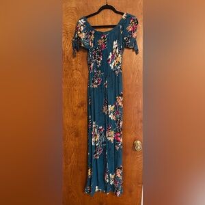 Band of Gypsies Teal Floral Midi Dress Medium